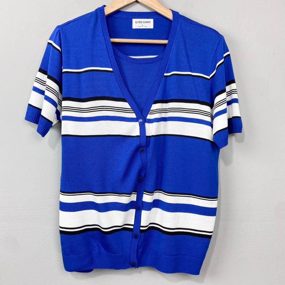 Vintage Alfred Dunner Twofer Cardigan Sweater Set Size L Striped Blue‎ Attached